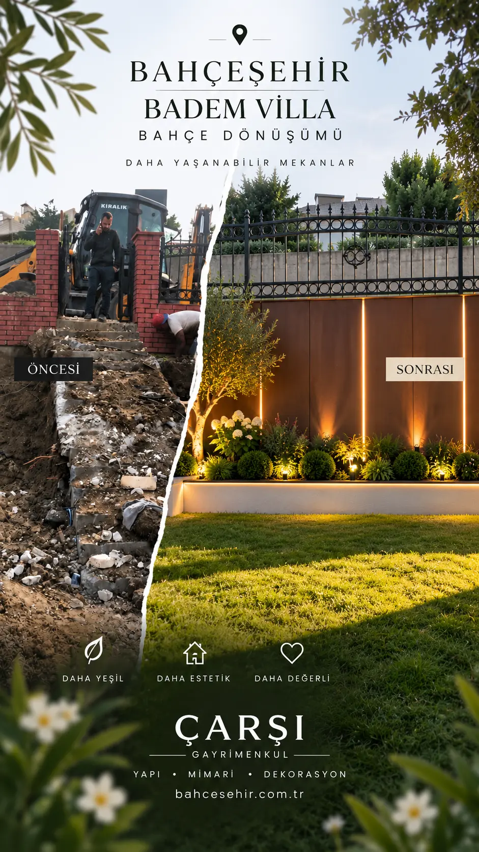 Badem Villa bahçe dönüşümünün öncesi ve sonrası sunumu
