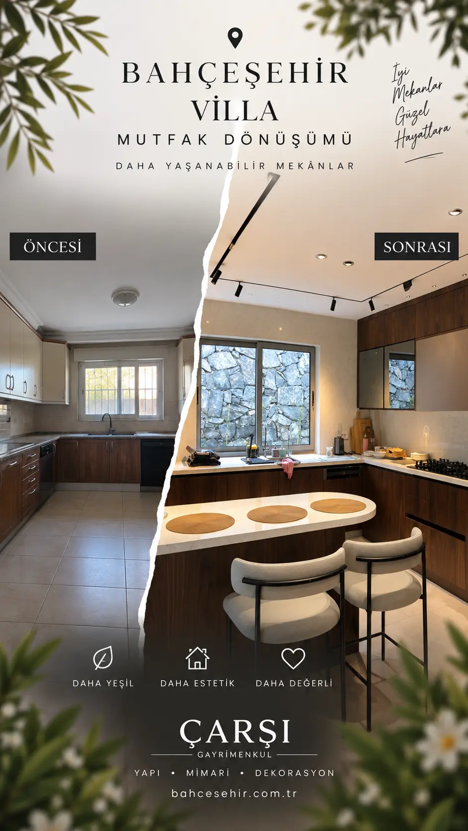 Bahçeşehir villa mutfağının öncesi ve sonrası dönüşüm sunumu