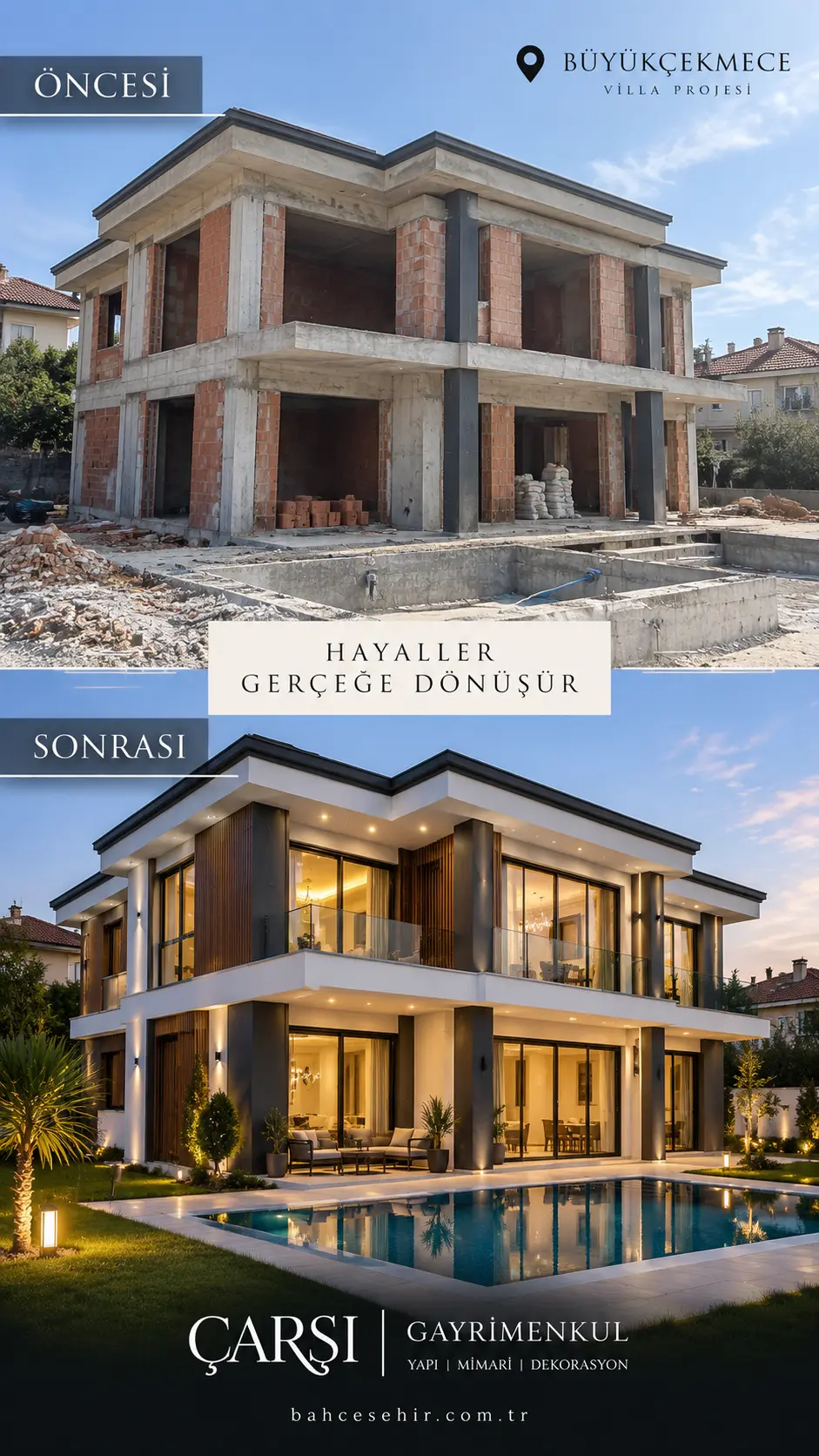 Büyükçekmece villa projesinin inşaat ve tamamlanmış hâlini gösteren öncesi sonrası sunumu
